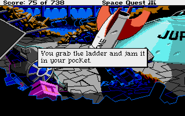 Space Quest III: The Pirates of Pestulon Atari ST Screenshot: Somehow I fit a ladder in my pocket...ouch!