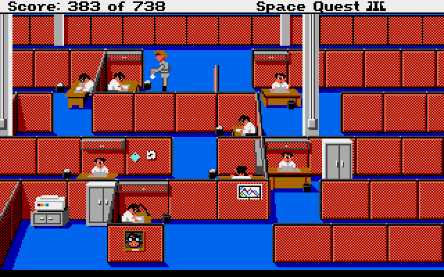 Space Quest III: The Pirates of Pestulon Atari ST Screenshot: Disguised as a janitor, I make my way through the maze of cubicles.