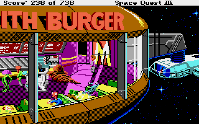 Space Quest III: The Pirates of Pestulon Atari ST Screenshot: We have arrived at Monolith Burger!