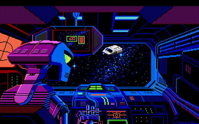 Space Quest III: The Pirates of Pestulon Atari ST Screenshot: A robot prepares to capture Roger...