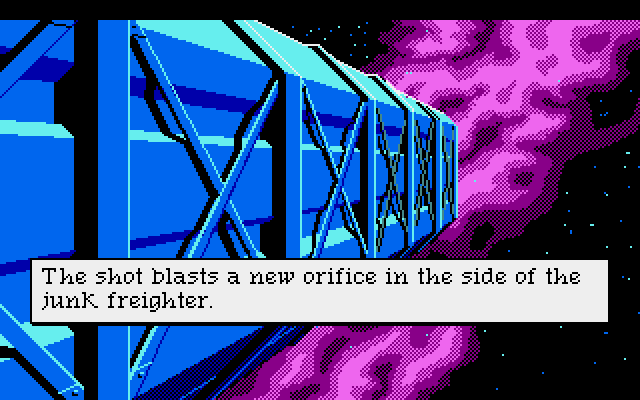 Space Quest III: The Pirates of Pestulon Atari ST Screenshot: Blasting my way out of the junk freighter.