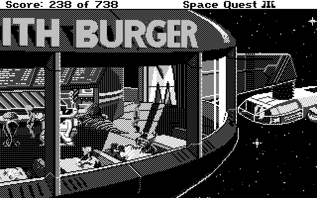 Space Quest III: The Pirates of Pestulon Atari ST Screenshot: Exploring this burger joint.