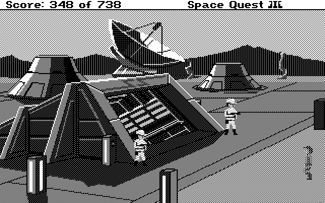 Space Quest III: The Pirates of Pestulon Atari ST Screenshot: Using an invisibility belt to sneak past the guards.