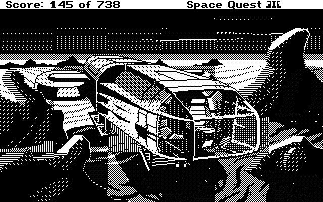 Space Quest III: The Pirates of Pestulon Atari ST Screenshot: The Aluminum Mallard has landed.