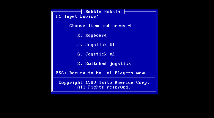 Bubble Bobble IBM PC/Compatibles Screenshot: Select input device.