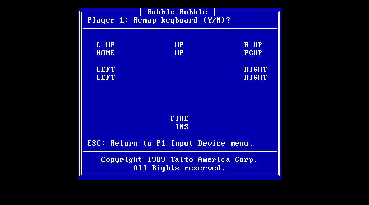 Bubble Bobble IBM PC/Compatibles Screenshot: If keyboard is selected you can optionally remap the keys used.