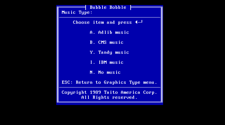 Bubble Bobble IBM PC/Compatibles Screenshot: Sound card selection.