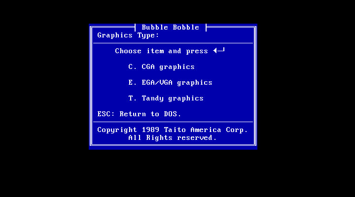 Bubble Bobble IBM PC/Compatibles Screenshot: Graphics card selection.