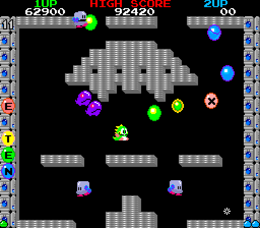 Bubble Bobble Arcade Screenshot: Jumping through the air...