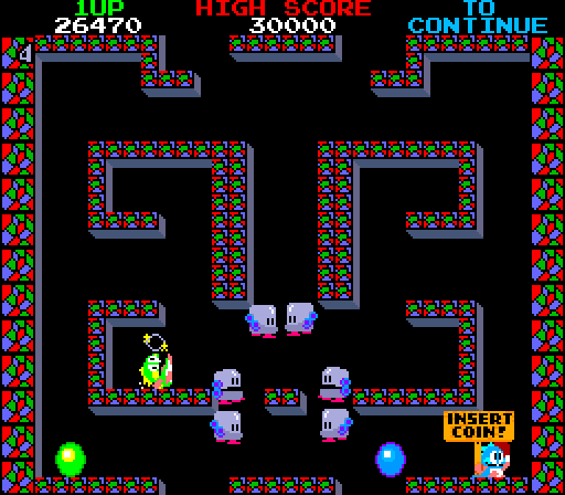 Bubble Bobble Arcade Screenshot: Ouch, an enemy got me!