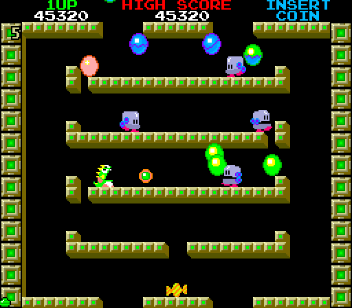 Bubble Bobble Arcade Screenshot: Each level has a different layout.