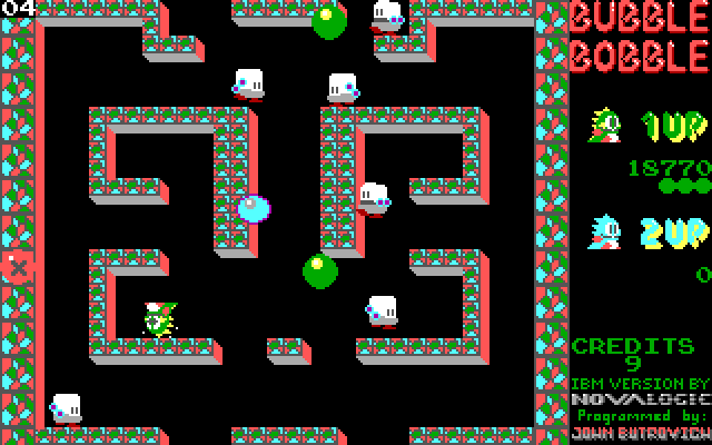 Bubble Bobble IBM PC/Compatibles Screenshot: Agh, my dinosaur has been caught by an enemy.