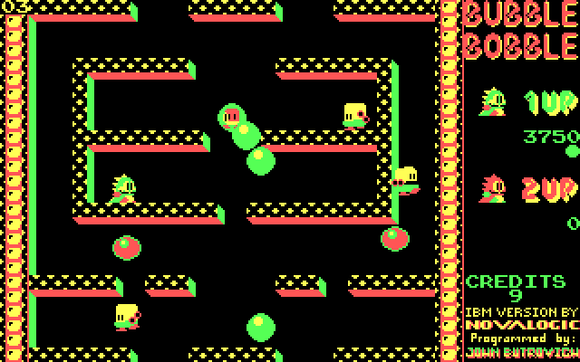 Bubble Bobble IBM PC/Compatibles Screenshot: Capturing enemies in bubbles.