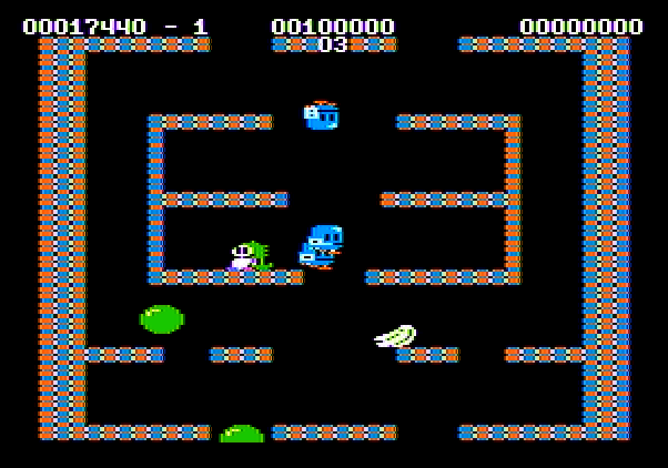 Bubble Bobble Apple II Screenshot: Pick up the fruits for bonus points!
