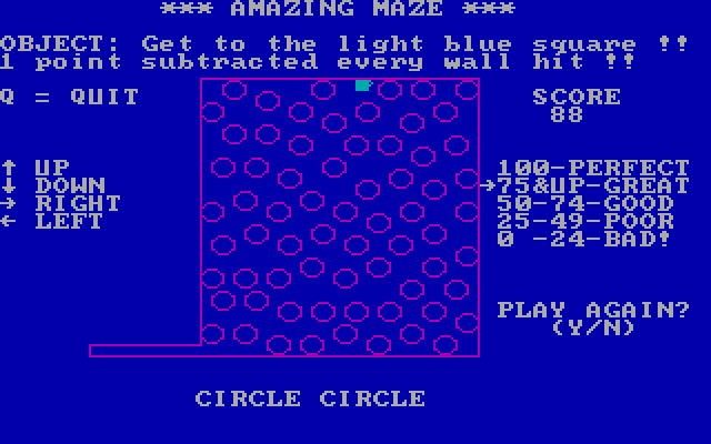 Amazing Maze IBM PC/Compatibles Screenshot: Completed a circular maze; play again?