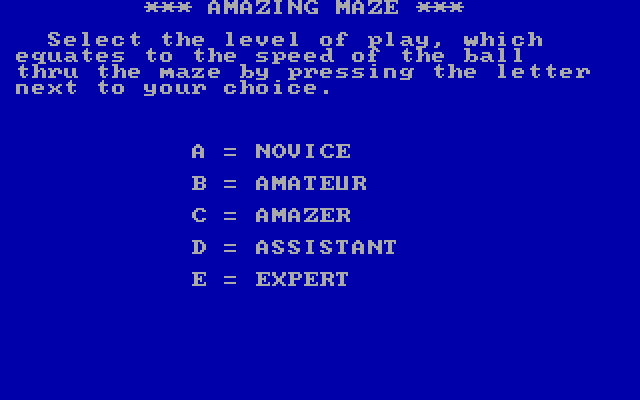 Amazing Maze IBM PC/Compatibles Screenshot: Select your skill level.