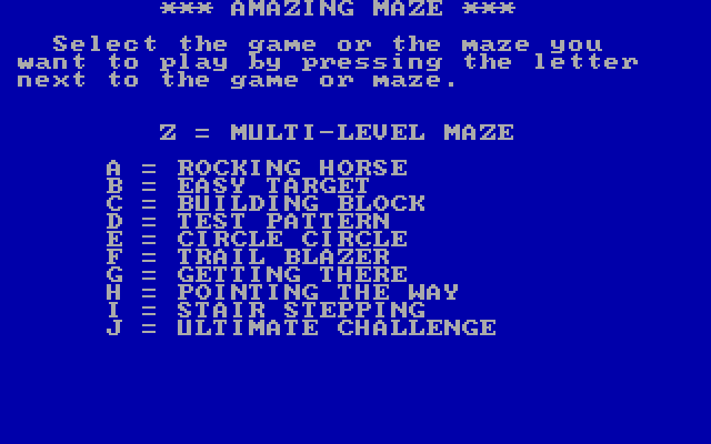 Amazing Maze IBM PC/Compatibles Screenshot: Select which maze you would like to attempt.