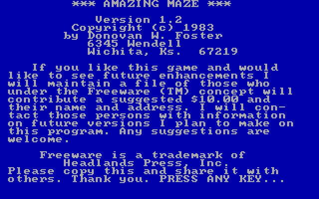 Amazing Maze IBM PC/Compatibles Screenshot: Title screen.