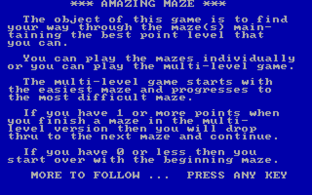 Amazing Maze IBM PC/Compatibles Screenshot: Instructions, part 1.