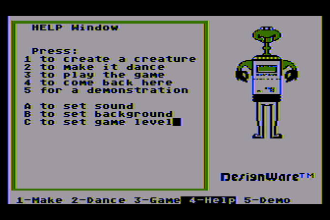 Creature Creator Atari 8-bit Screenshot: Help screen.