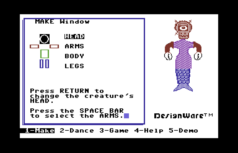 Creature Creator Commodore 64 Screenshot: Here's another creature I made.