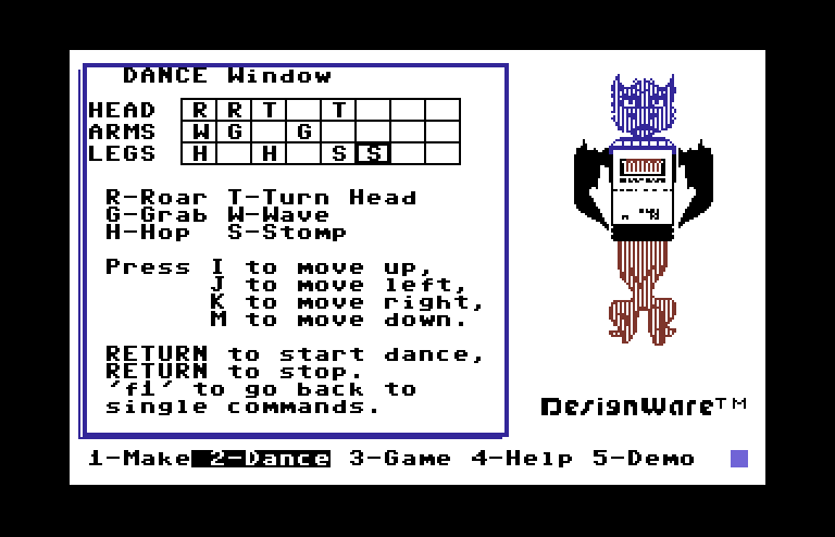 Creature Creator Commodore 64 Screenshot: Programming a dance.