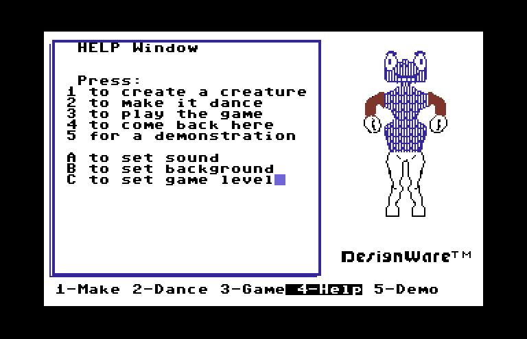 Creature Creator Commodore 64 Screenshot: Help screen.