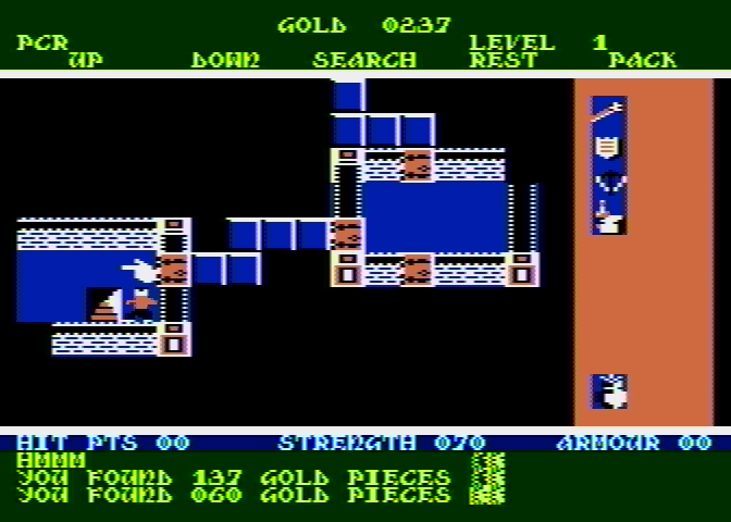 Rogue Atari 8-bit Screenshot: Hmm, a staircase...I wonder where it goes?