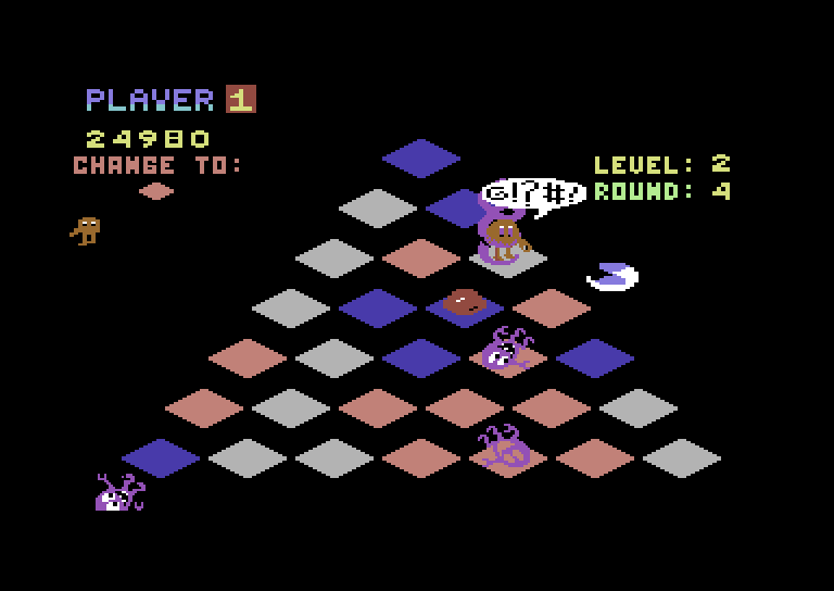 Q*bert Commodore 64 Screenshot: Ouch, the snake got me!