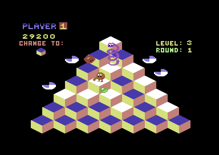 Q*bert Commodore 64 Screenshot: Here comes the snake!