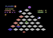 Q*bert for Commodore 64 - The green guy with glasses changes the cube colors on you.