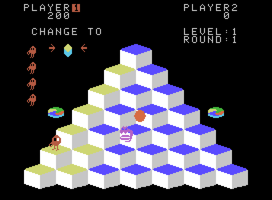 Q*bert ColecoVision Screenshot: First level, hopping on blocks...