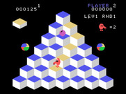 Q*bert for TI-99/4A - Game start; here comes the purple ball which hatches into the snake.