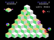 Q*bert for TI-99/4A - If you can catch the green ball all of the enemies are temporarily frozen.