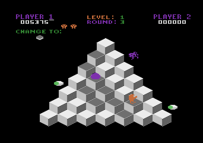 Q*bert Atari 5200 Screenshot: The third level, where Ugh and Wrong-Way first appear...