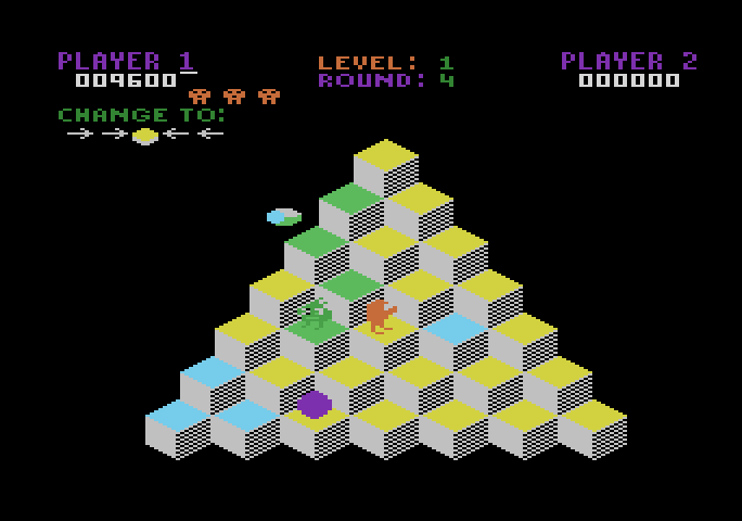 Q*bert Atari 5200 Screenshot: Slick and Sam changes tiles back to the wrong color...