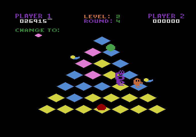 Q*bert Atari 5200 Screenshot: The cube walls are all black and blend in with the background on this level.