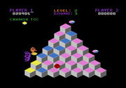 Q*bert for Atari 5200 - The snake jumps off the edge of the pyramid in an attempt to catch Q*bert.
