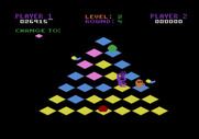 Q*bert for Atari 5200 - The cube walls are all black and blend in with the background on this level.