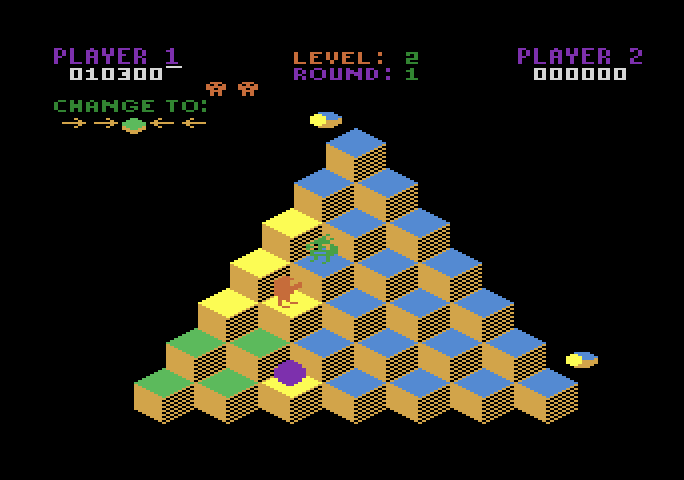 Q*bert Atari 8-bit Screenshot: On this round you need to change each square twice to reach the target color.