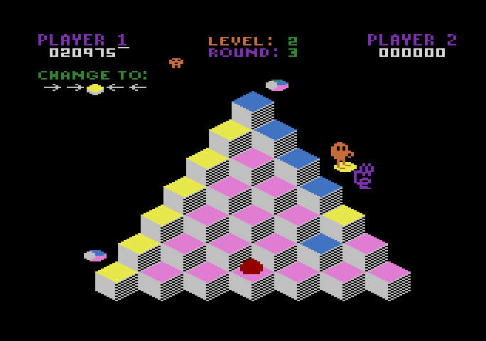 Q*bert Atari 8-bit Screenshot: Jump on the discs to evade the snake.