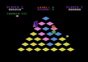 Q*bert for Atari 8-bit - Catch the green ball to temporarily freeze opponents.