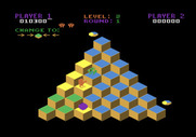 Q*bert for Atari 8-bit - On this round you need to change each square twice to reach the target color.