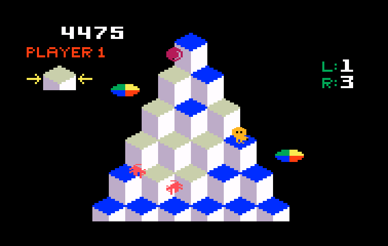 Q*bert Intellivision Screenshot: Ugh and Wrong-Way hop on the sides of the cubes starting on round three.