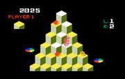 Q*bert for Intellivision - Round two; use the disc to evade the snake.