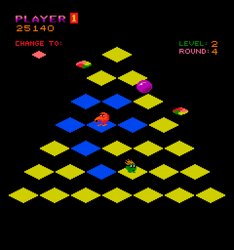 Q*bert Arcade Screenshot: This round has seemingly invisible cube walls!