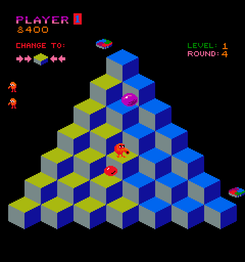 Q*bert Arcade Screenshot: The purple ball hatches into Coily the snake when it reaches the bottom of the pyramid.