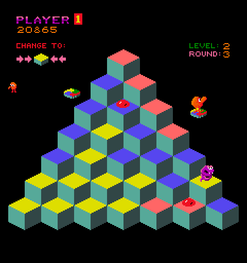 Q*bert Arcade Screenshot: Riding a disc to safety.