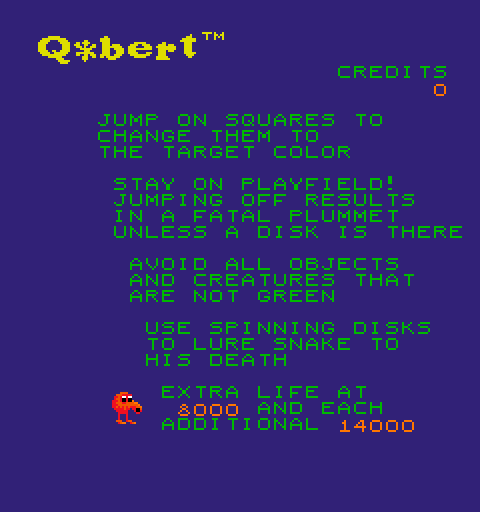 Q*bert Arcade Screenshot: Game attract mode.