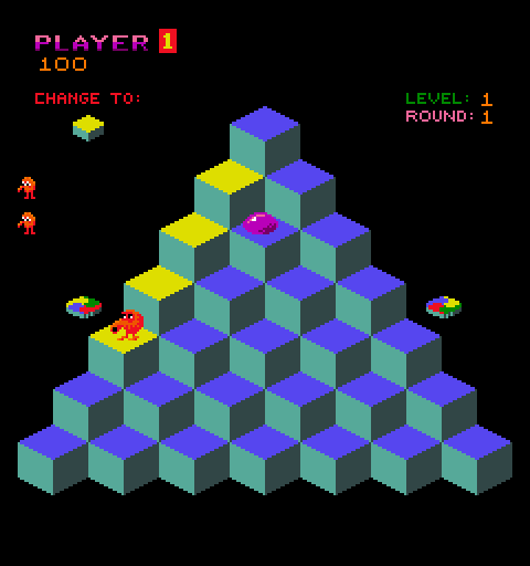 Q*bert Arcade Screenshot: Game start.